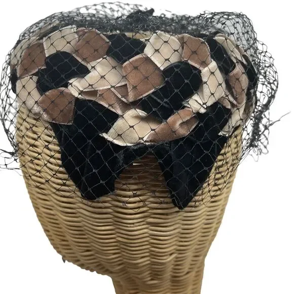 Cocktail Hat Vintage Velvet Ribbon Women's 50s Mesh Veil Open Top Retro Chic